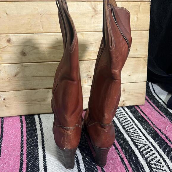 Vintage Made in Italy Genuine Leather Cognac Stacked Cowgirl Boots Womens 7.5 - Picture 5 of 8